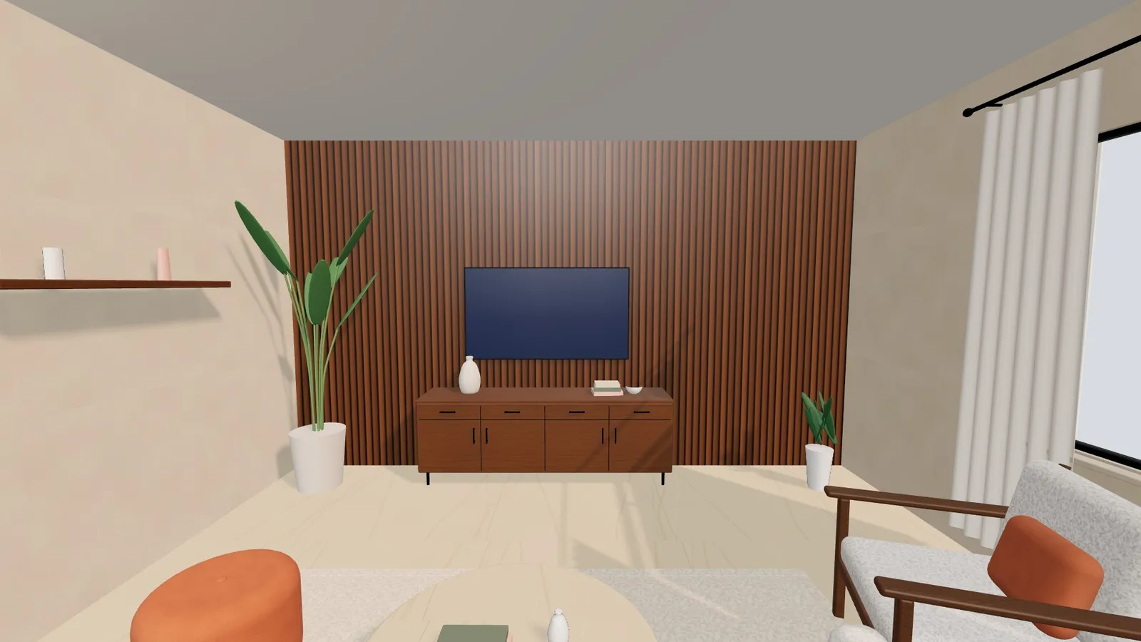 3D model of the same living room remodel, seen at eye level from the doorway