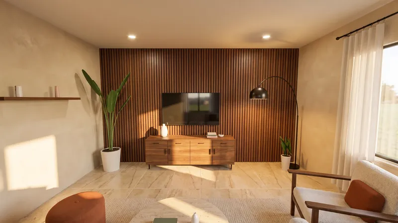 Photorealistic rendering of the same living room remodel