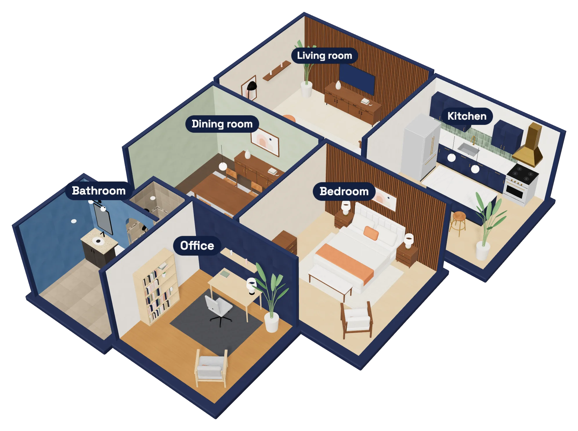 3D model of a whole home remodel: living room, kitchen, dining room, bedroom, bathroom and office, seen from above